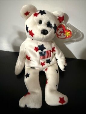 Ty Patriotic Star Plush Bear in White with Red and Navy Stars